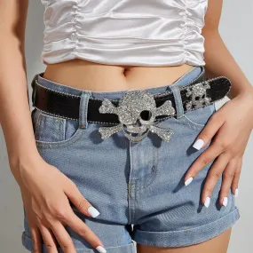 Skull decor rhinestone contrast belt