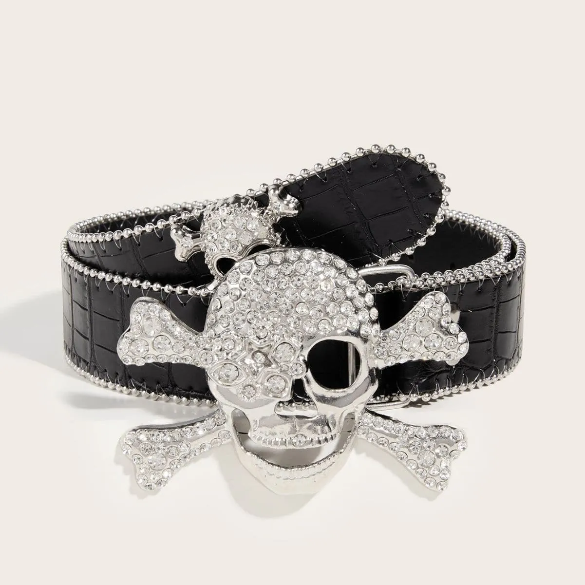 Skull decor rhinestone contrast belt