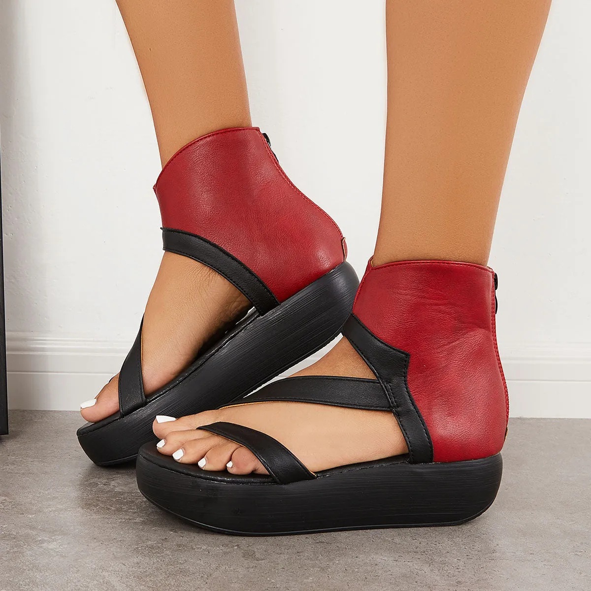 Sohiwoo  Women's Toe Ring Thick Sole Platform Heel Ankle Strap Sandals
