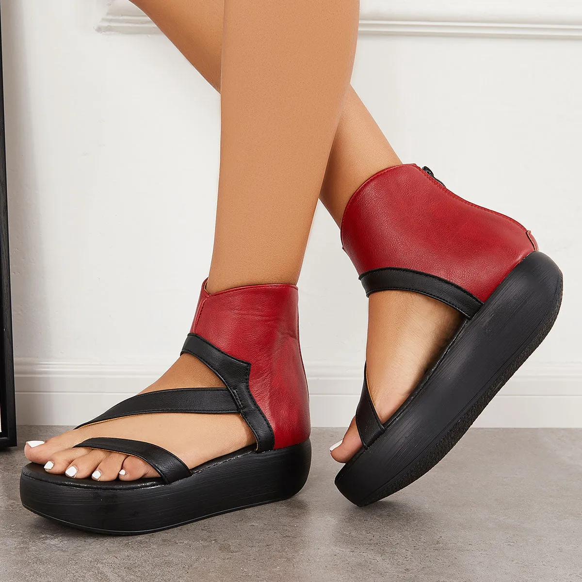 Sohiwoo  Women's Toe Ring Thick Sole Platform Heel Ankle Strap Sandals