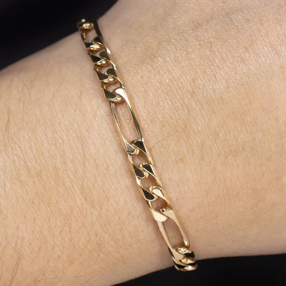 SOLID 14k YELLOW GOLD FIGARO LINK CHAIN BRACELET 13gm FLAT CURB EVERYDAY MENS