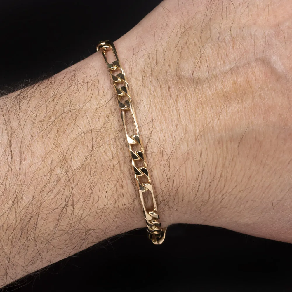 SOLID 14k YELLOW GOLD FIGARO LINK CHAIN BRACELET 13gm FLAT CURB EVERYDAY MENS