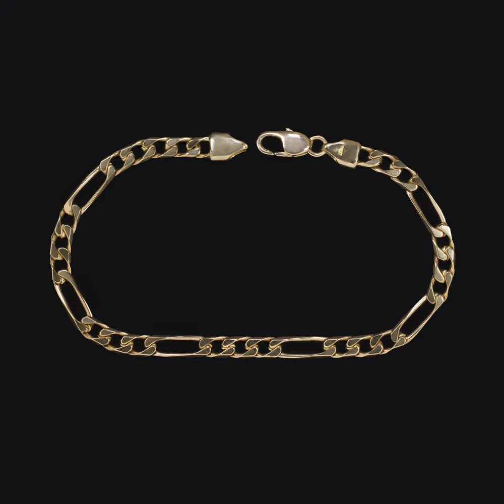 SOLID 14k YELLOW GOLD FIGARO LINK CHAIN BRACELET 13gm FLAT CURB EVERYDAY MENS
