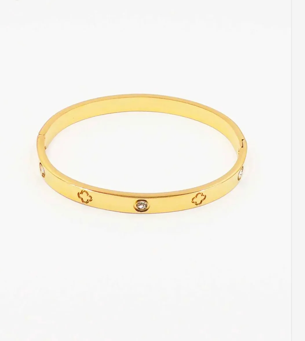 Stainless Steel Clover with Rhinestone Bangle Bracelet