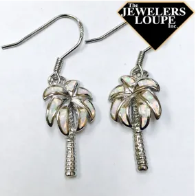 Sterling Silver Created White Opal Inlay Palm Tree Earrings (83107)