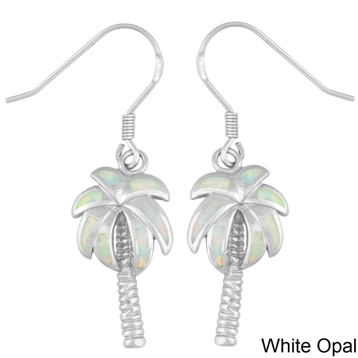 Sterling Silver Created White Opal Inlay Palm Tree Earrings (83107)