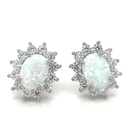 Sterling Silver Opal Cz Halo Earrings