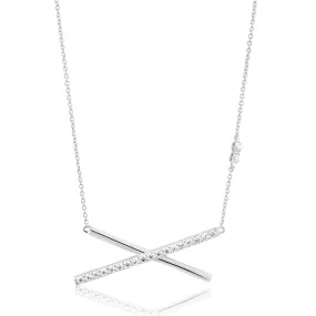 Sterling Silver Rhodium Plated Cubic Zirconia Criss Cross Bar Pendant With 40   5cm Chain