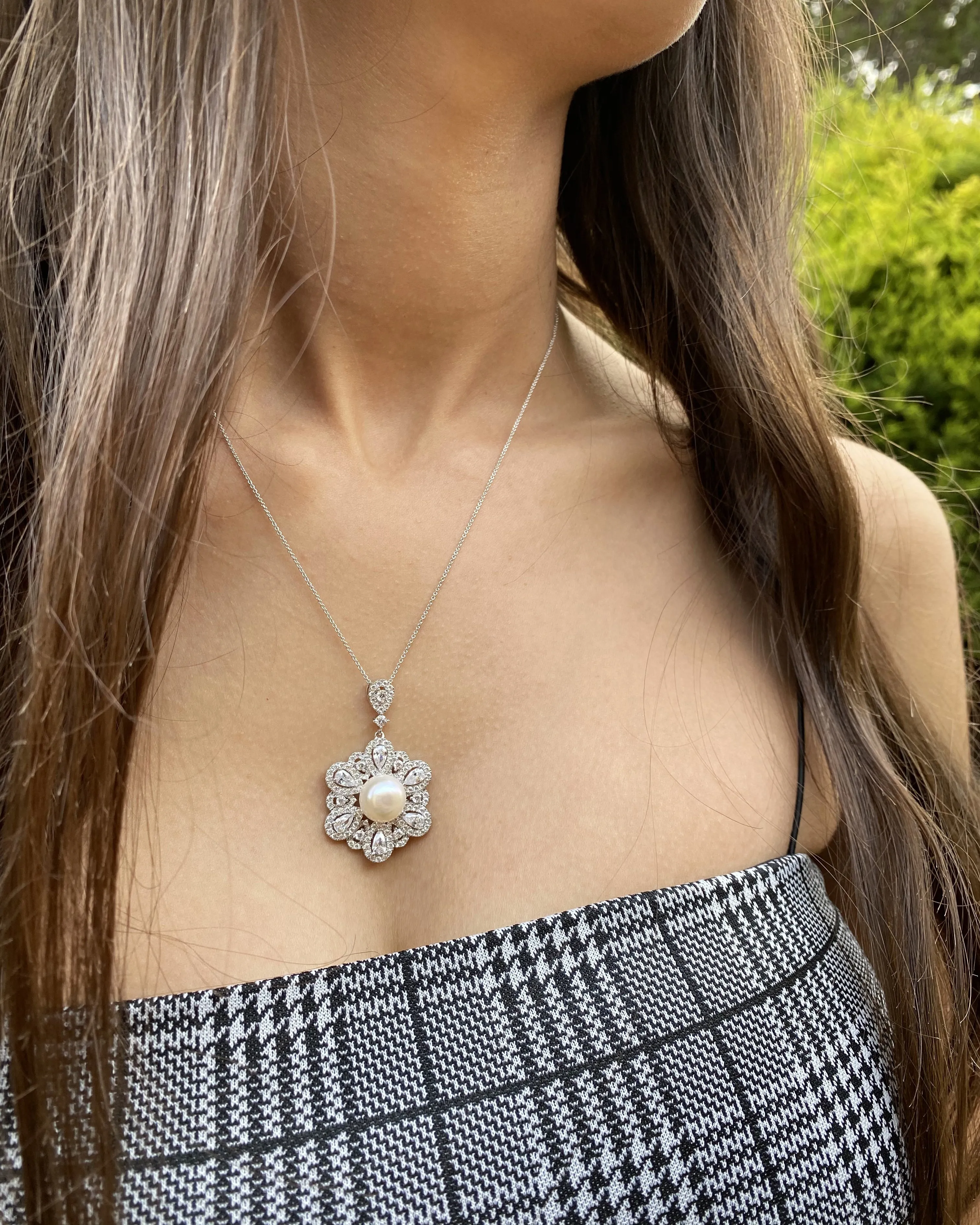 Sterling Silver Rhodium Plated Freshwater Pearl and Zirconia Pendant