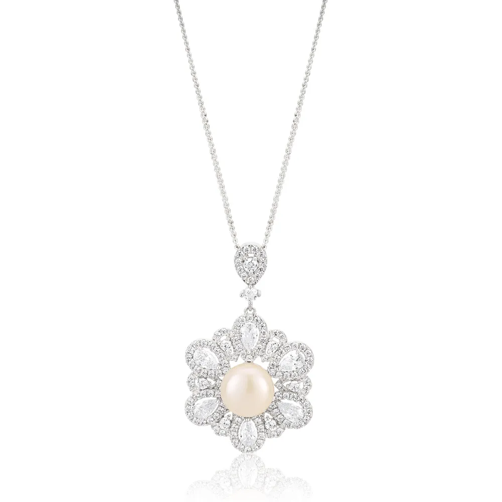Sterling Silver Rhodium Plated Freshwater Pearl and Zirconia Pendant