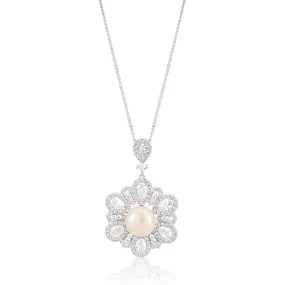 Sterling Silver Rhodium Plated Freshwater Pearl and Zirconia Pendant