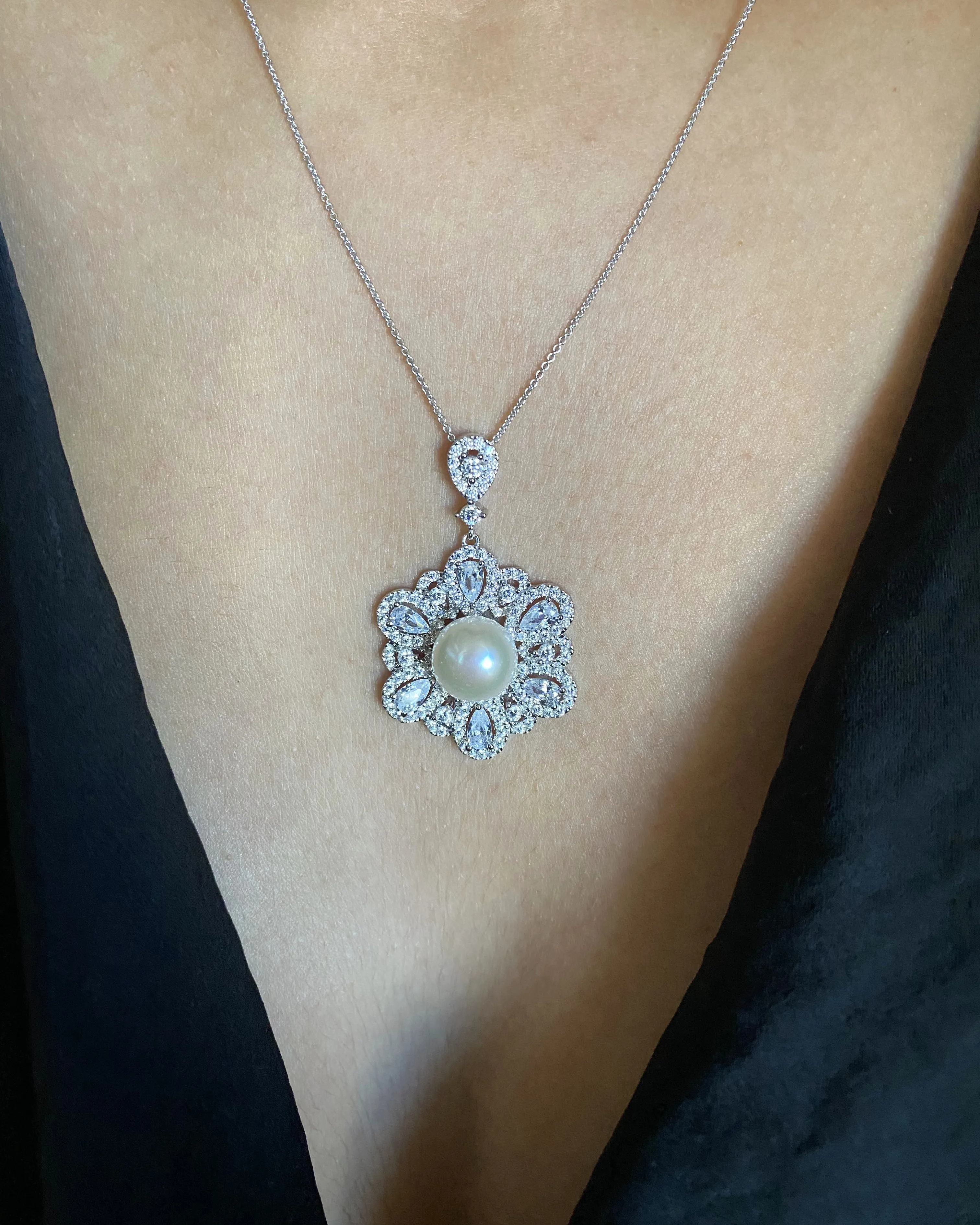 Sterling Silver Rhodium Plated Freshwater Pearl and Zirconia Pendant