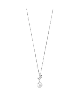 Sterling Silver Rhodium Plated Pendant Necklace for Women with White Round Pearl and Zirconia, 10mm Round Pearl, 18.9" Chain Length, Selene   Collection