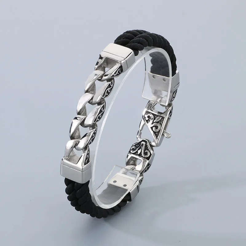 Vintage Chic Magnetic Clasp Leather Bracelet with Custom Titanium Steel Cuban Link and Genuine Cowhide for Men