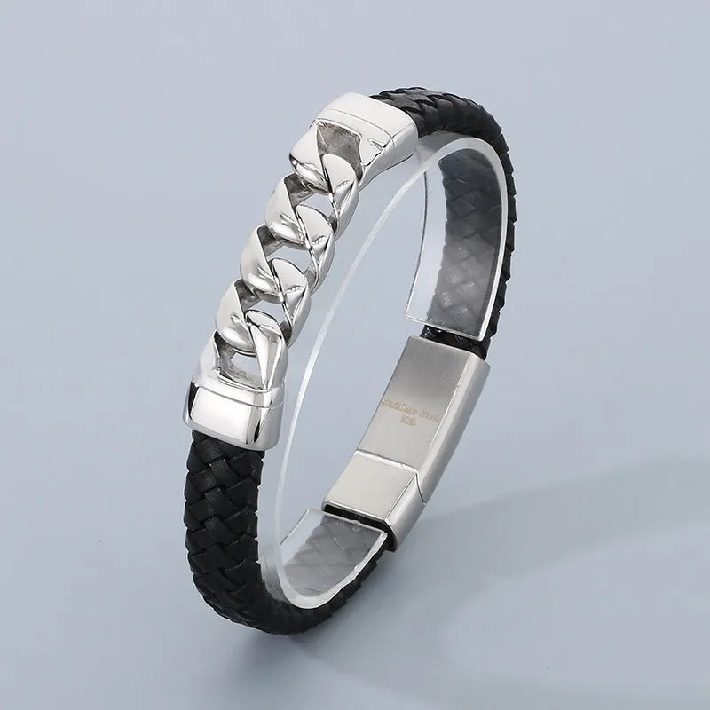 Vintage Chic Magnetic Clasp Leather Bracelet with Custom Titanium Steel Cuban Link and Genuine Cowhide for Men