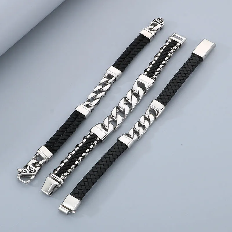 Vintage Chic Magnetic Clasp Leather Bracelet with Custom Titanium Steel Cuban Link and Genuine Cowhide for Men