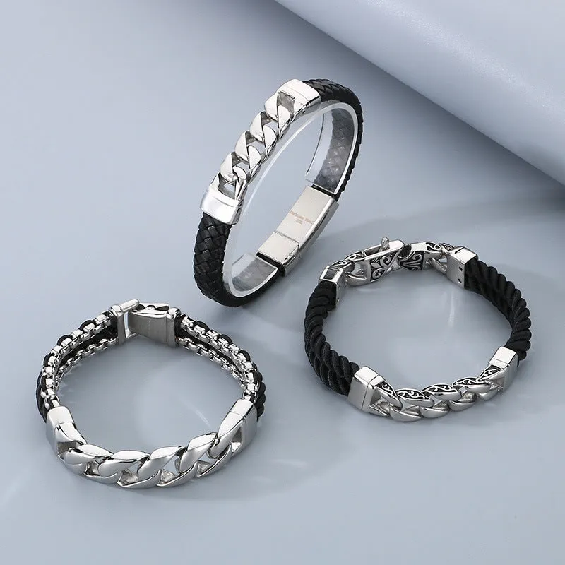 Vintage Chic Magnetic Clasp Leather Bracelet with Custom Titanium Steel Cuban Link and Genuine Cowhide for Men