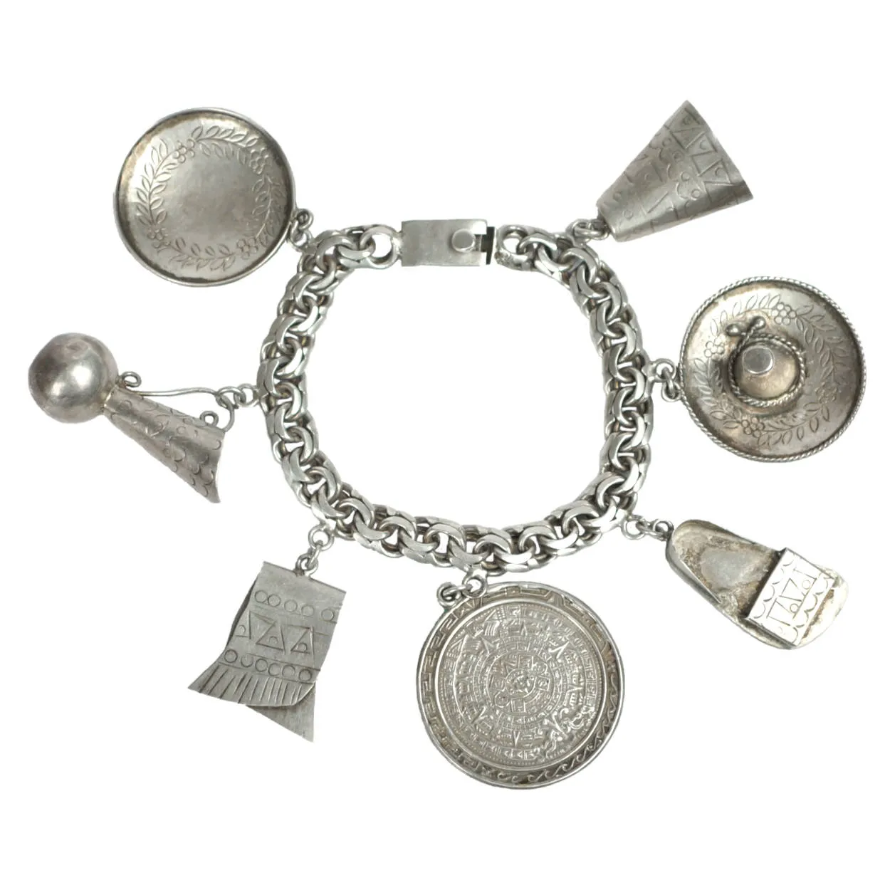 Vintage Mexican Sterling Silver 7 Charm Bracelet Rosi Beguden Mexico City 1950s