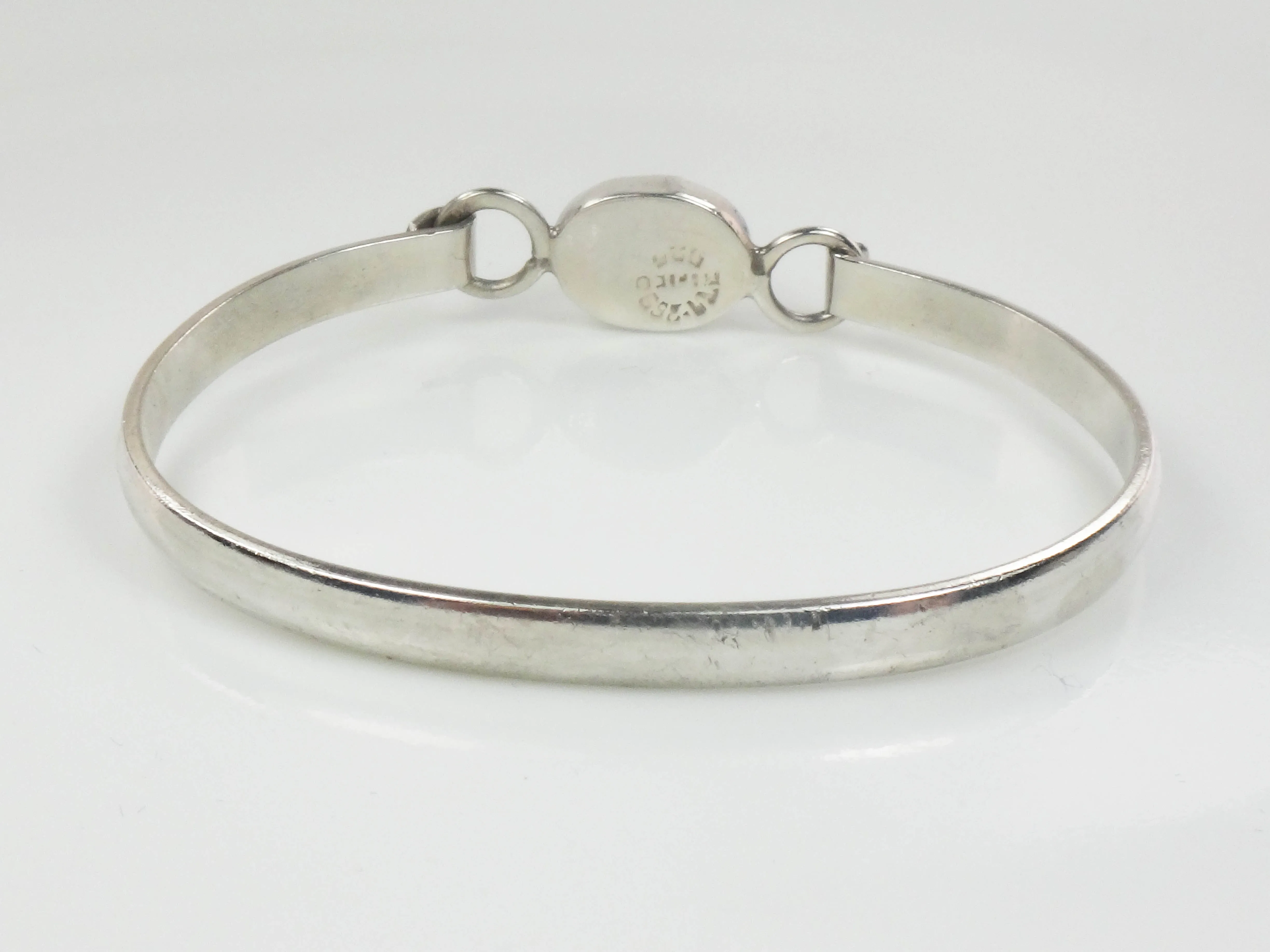 Vintage Sterling Silver Pink Cats Eye Glass Bangle Bracelet, Made in Mexico