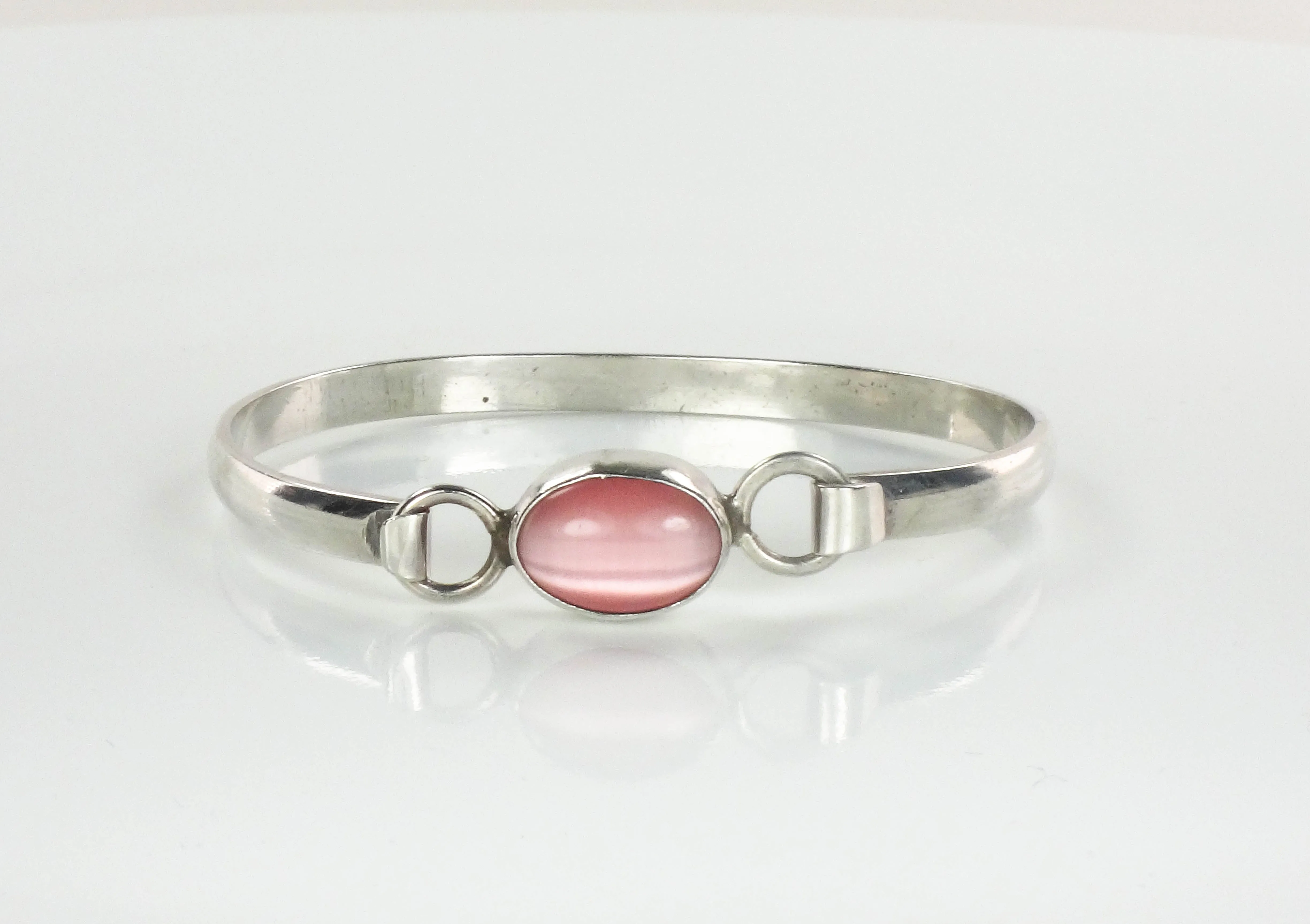 Vintage Sterling Silver Pink Cats Eye Glass Bangle Bracelet, Made in Mexico