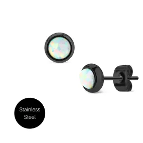 White Opal Stud Earrings in Stainless Steel