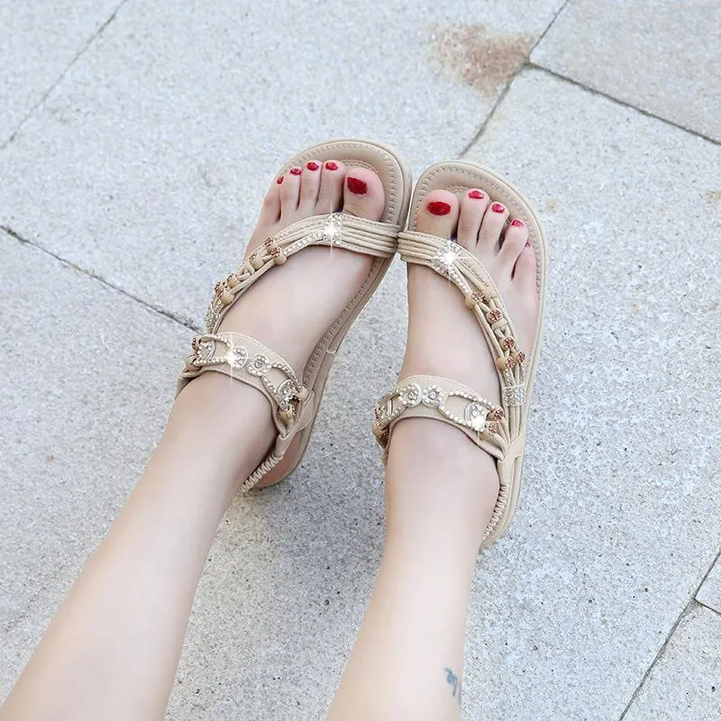 Women's boho beaded flat ring toe beach sandals